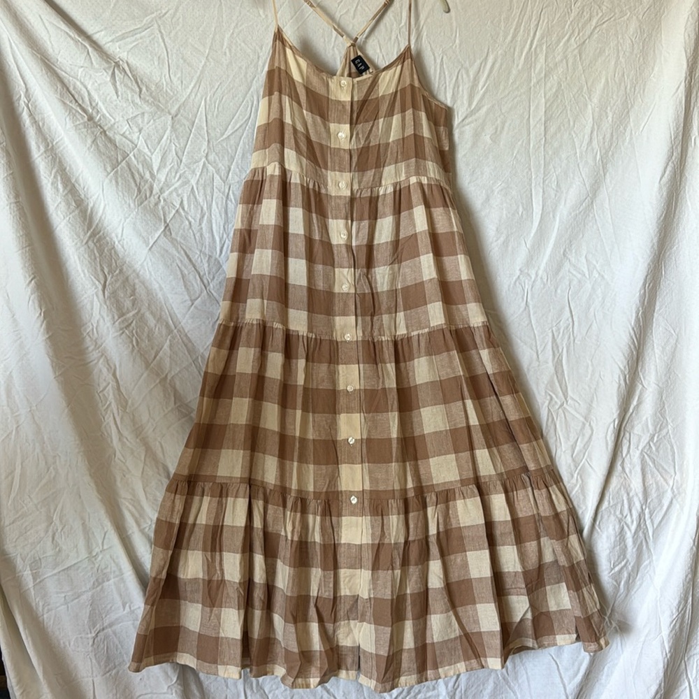 Gap checked sundress, tan and cream, T back.  Long midi/short maxi Linen Blend